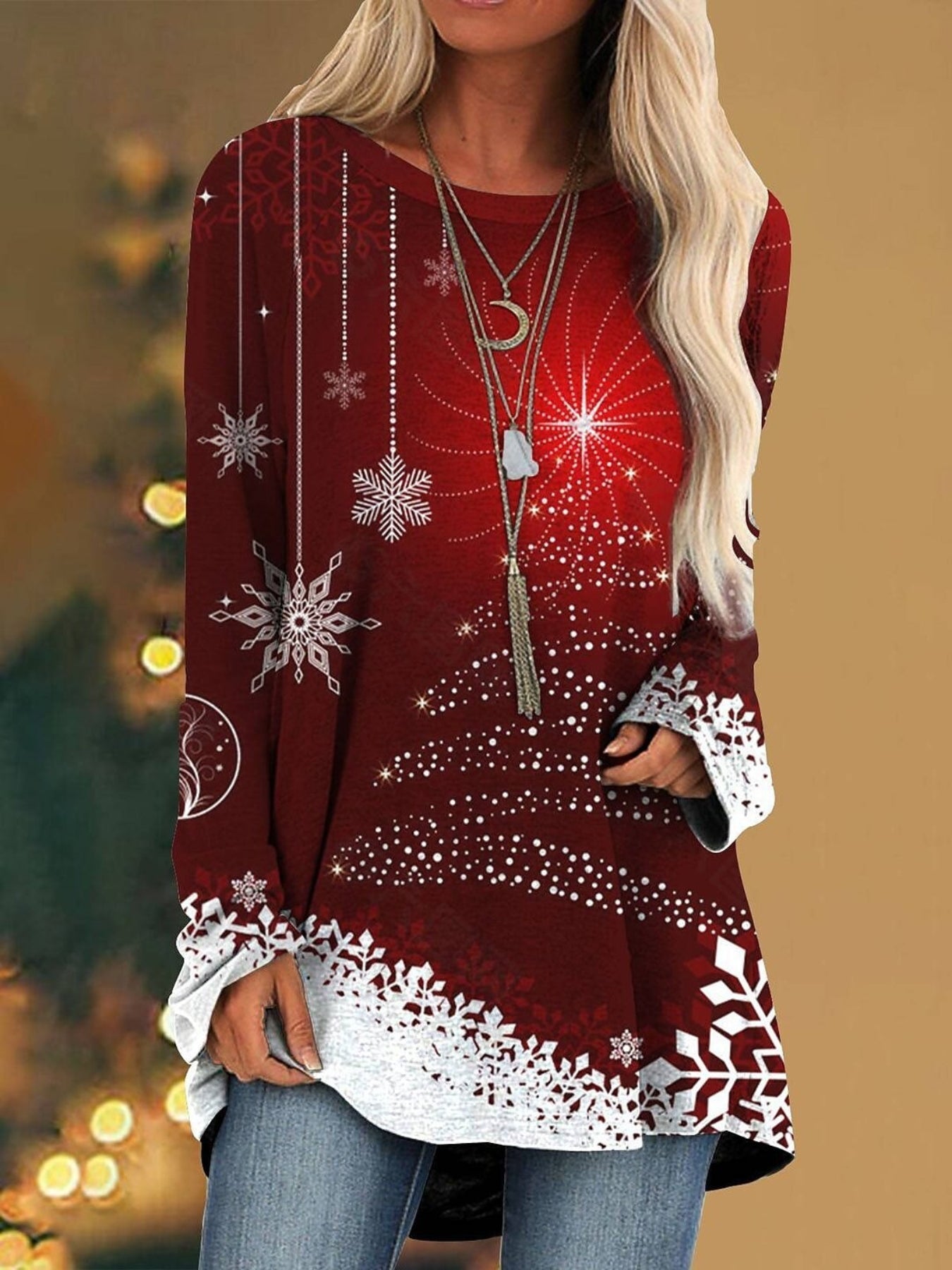 Christmas Casual Top, Women's Tree Print Long Sleeve Round Neck Medium Stretch Tunic Top