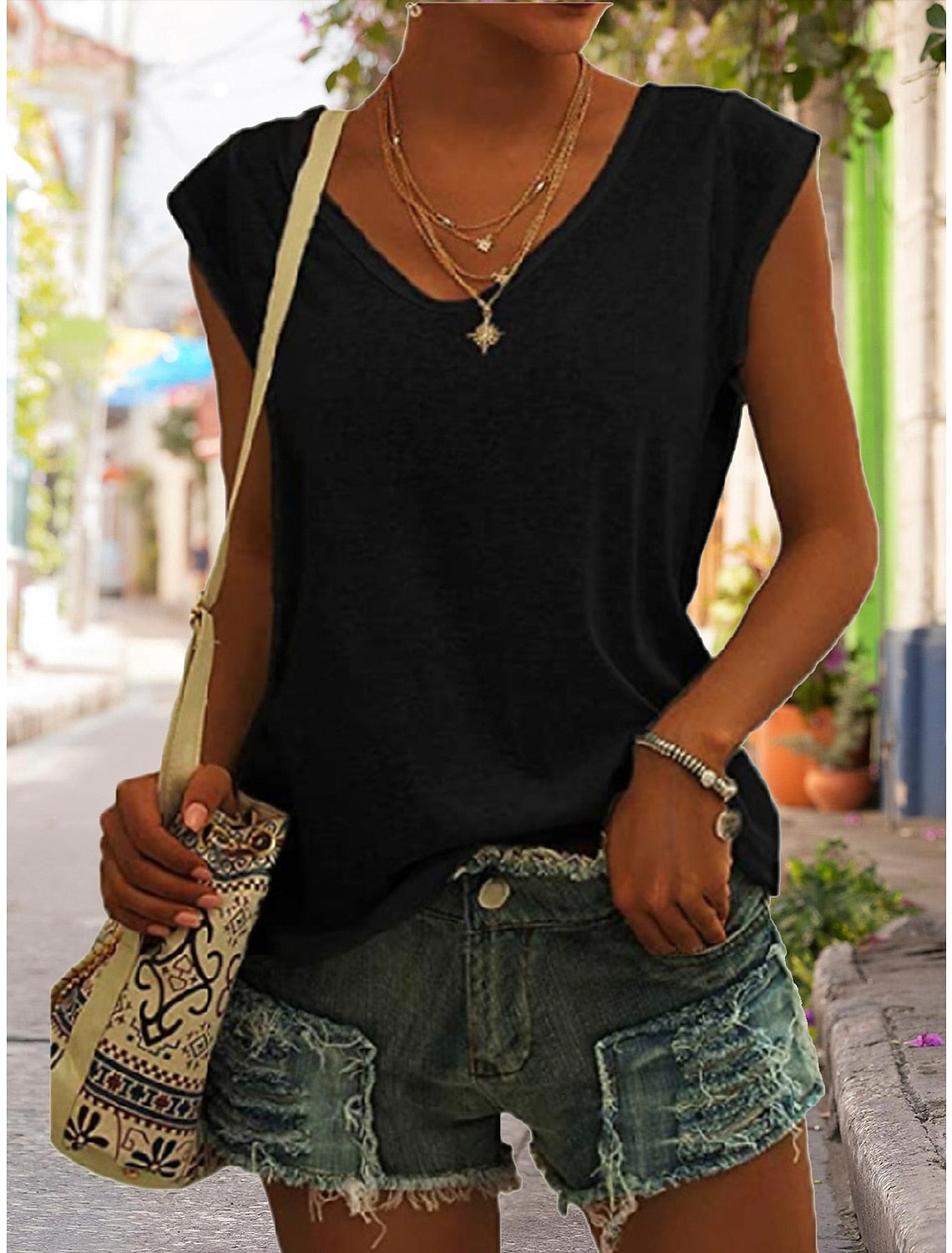 Women's Solid Color V Neck Sleeveless T-Shirt
