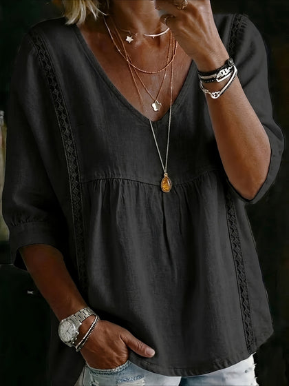 Casual Seven-Point Sleeve Lace V-Neck Pullover Multi-Color Tops