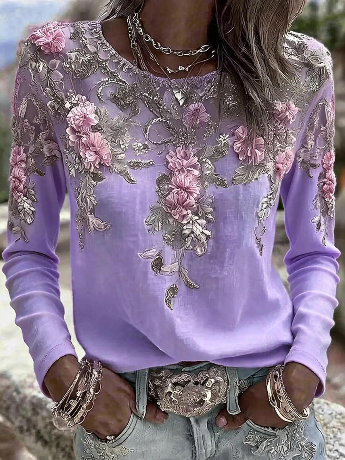 Floral Printing Jersey Crew Neck Long Sleeve T-shirt