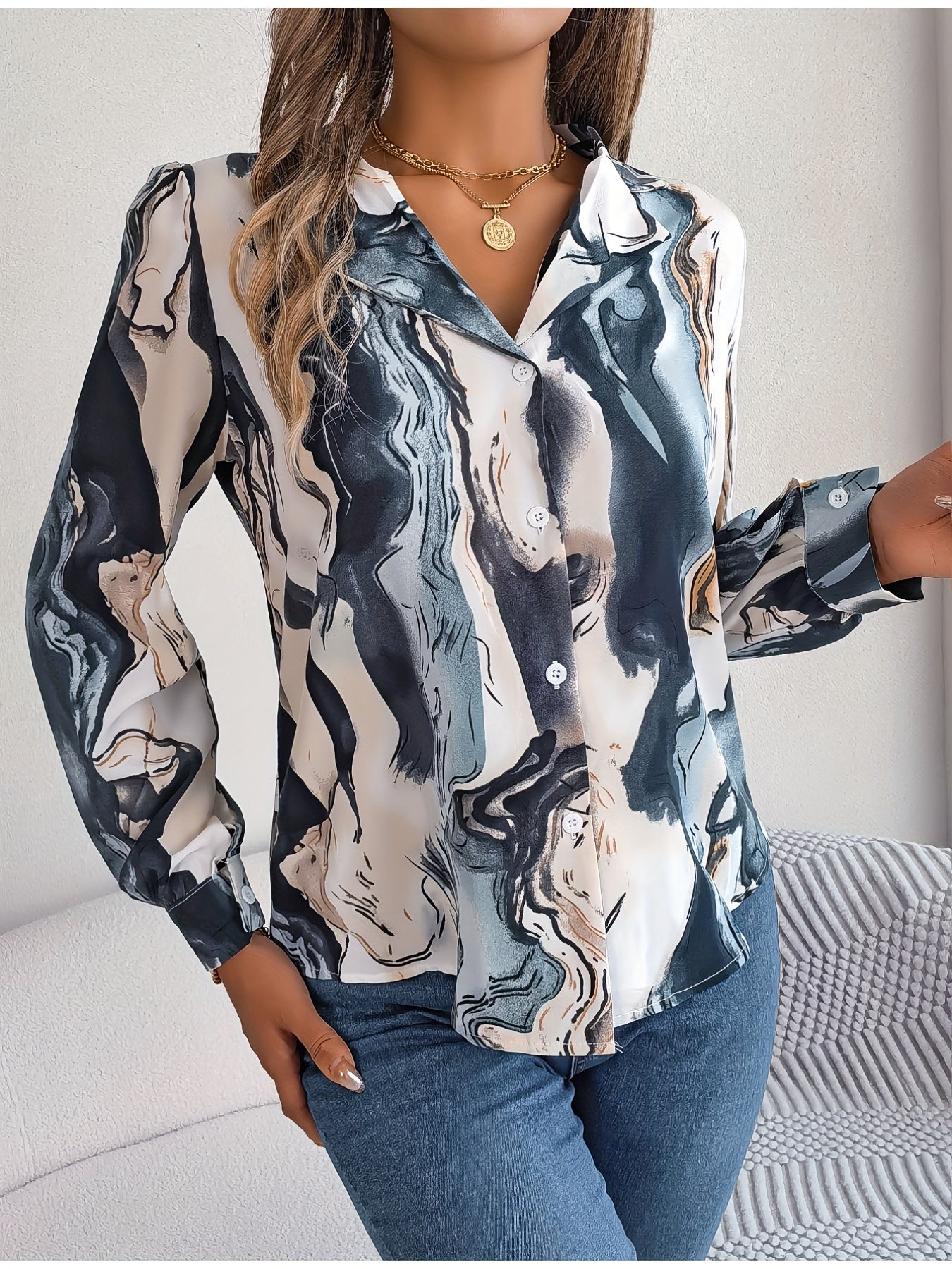 Graphic Print Button Front Shirt, Casual Long Sleeve Shirt