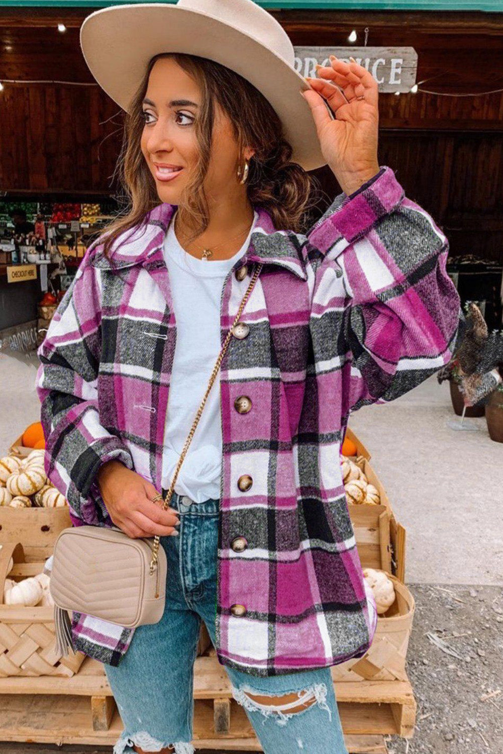 Rose Plaid Print Buttoned Shirt Jacket