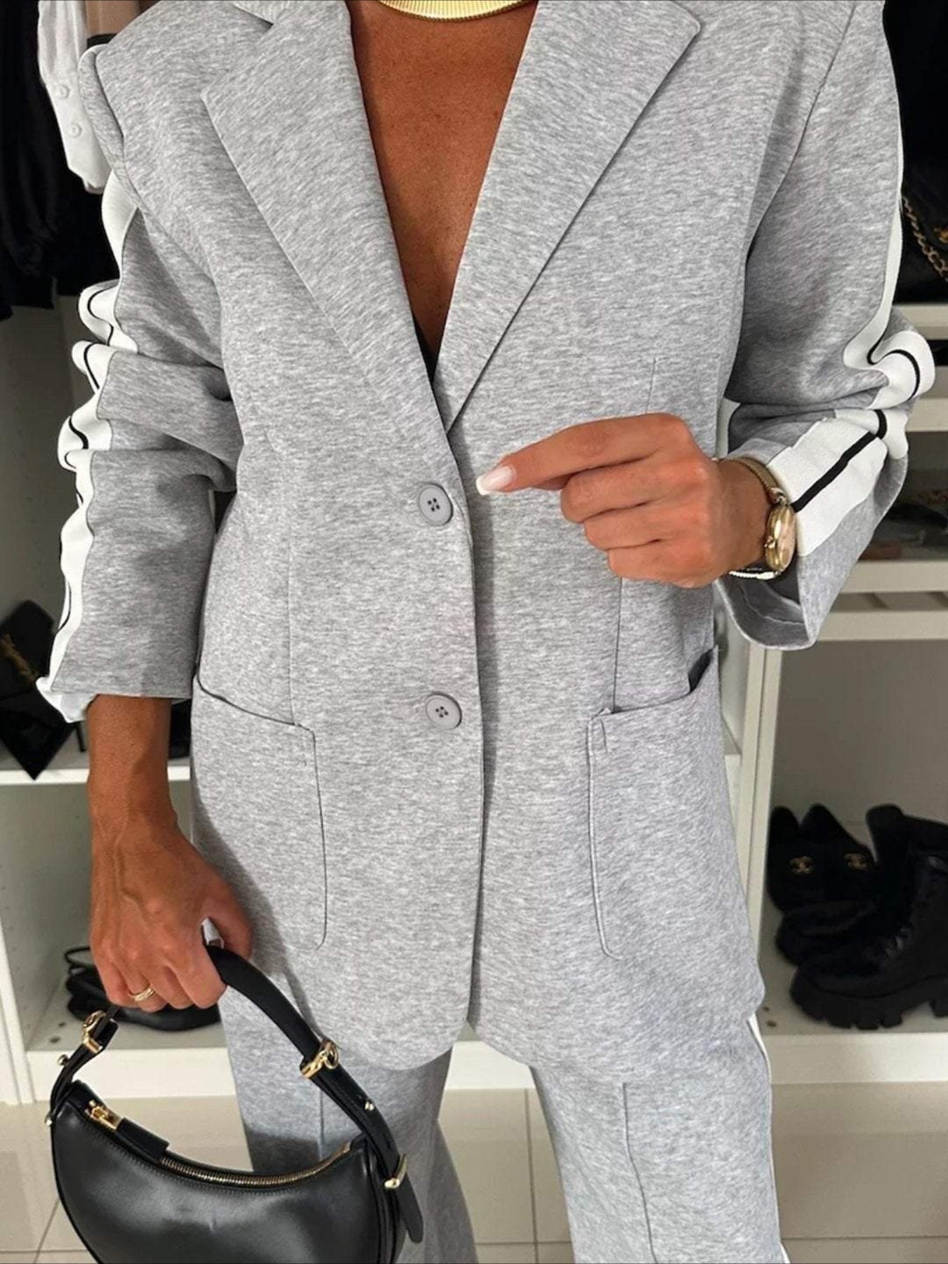 Contrast Lapel Collar Top and Pants Set