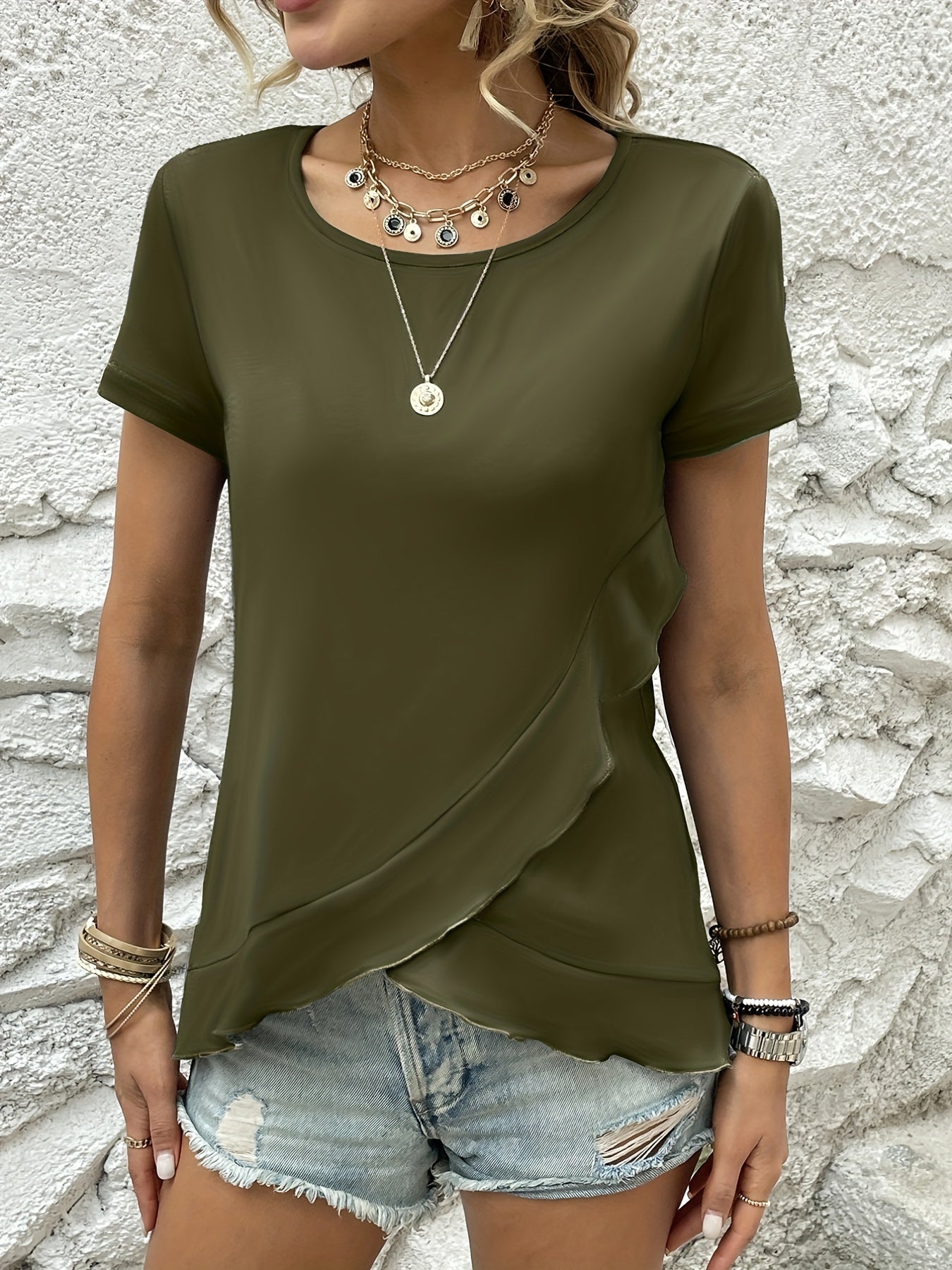 Asymmetrical Ruffle Hem T-Shirt, Casual Crew Neck Short Sleeve T-Shirt