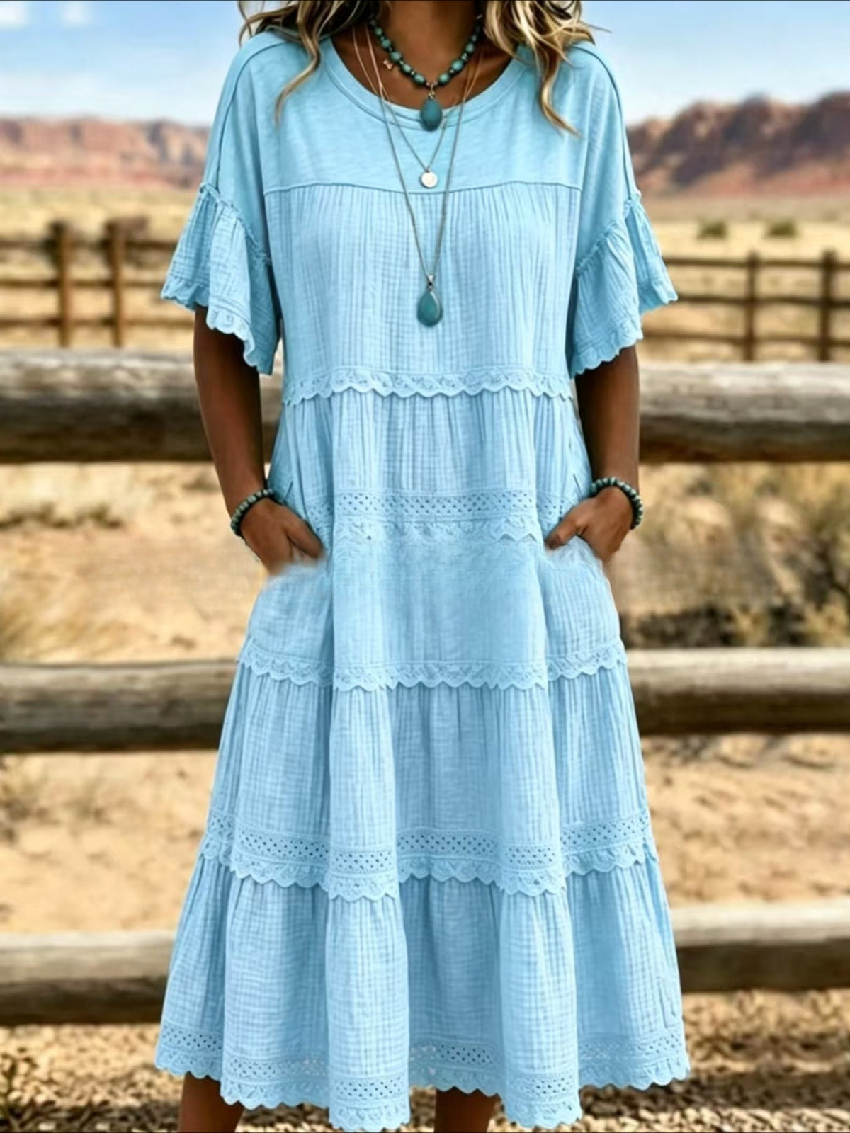 Round Neck Flutter Sleeve Lace Trim Tiered Midi Dress with Pockets