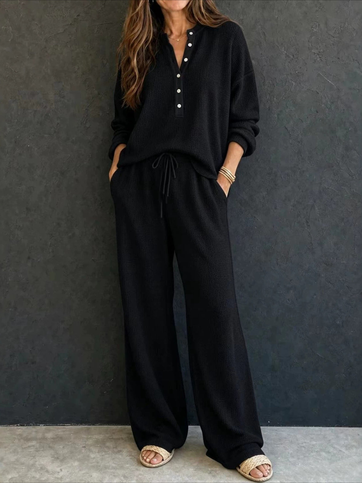 Waffle Knit Button Detail Top and Pants Set