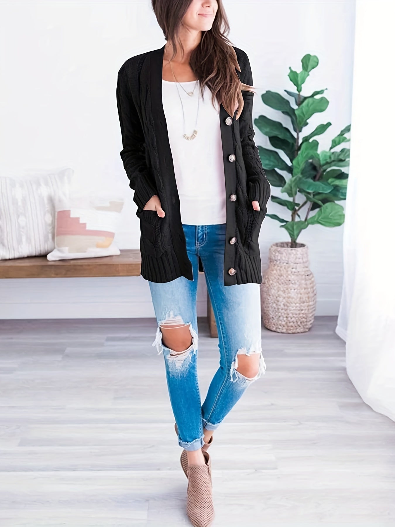 Cable Knit Button Front Cardigan, Casual Solid Long Sleeve Cardigan
