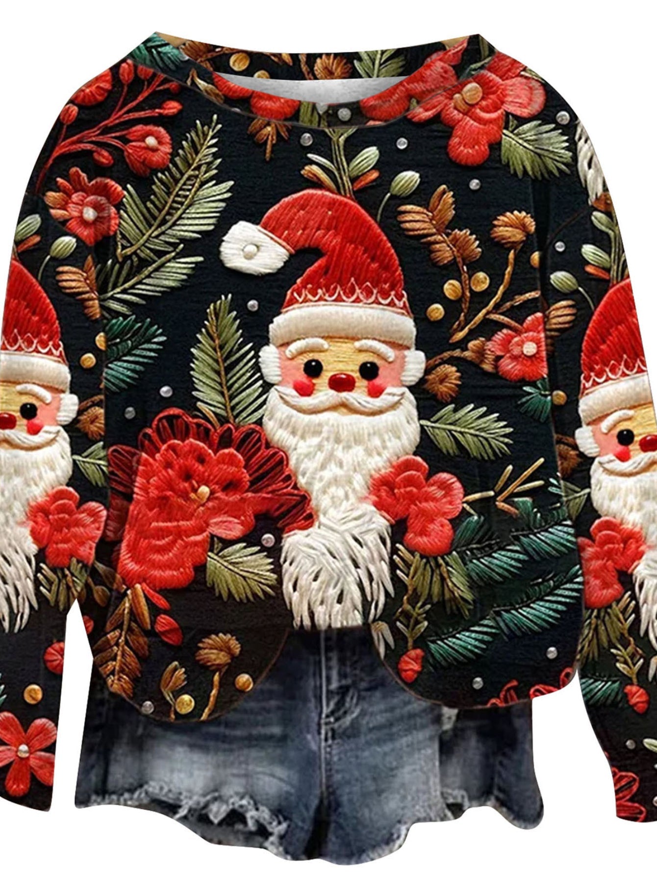 Christmas Allover Print Pullover Sweatshirt, Thin Long Sleeve Crew Neck Sweatshirt