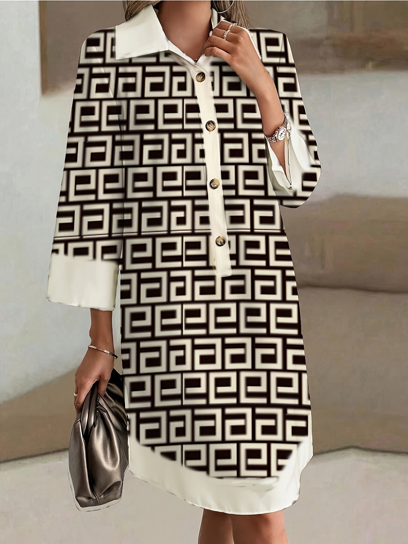 Long Sleeves and Pockets Loose Fit Floral Print Shirt Dress with Button Front