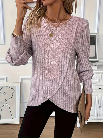 Lace Splicing Crew Neck T-shirt, Versatile Long Sleeve Cross Front Top