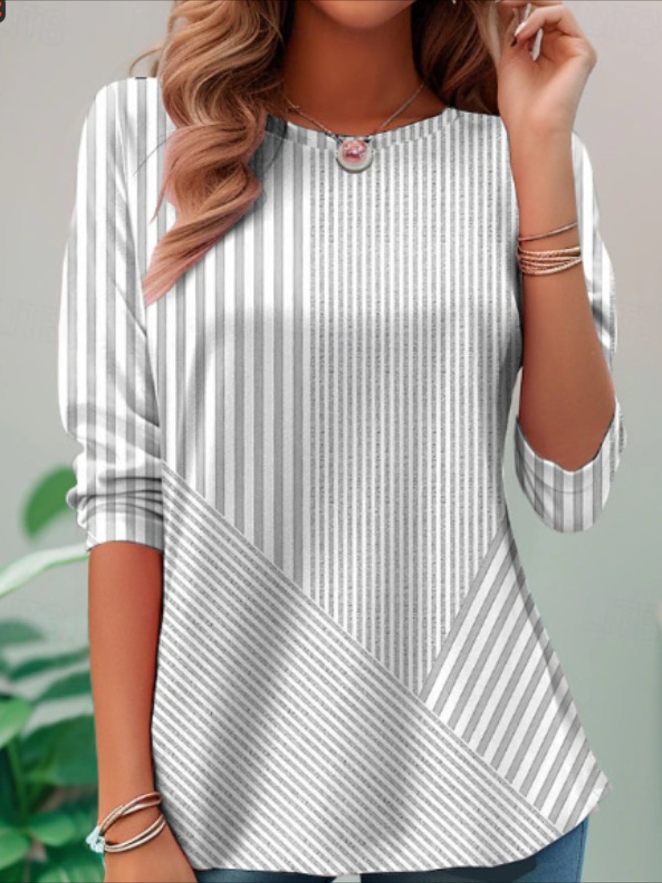 Graphic Geometric Striped Elegant Vintage Fashion Long Sleeve Crew Neck Regular Tops