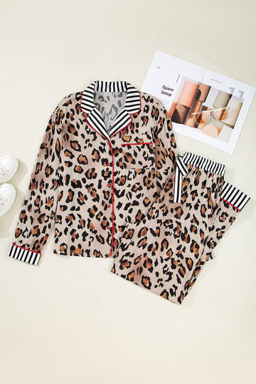Dear Lover Khaki Leopard Print Colorblock Striped Edge Shirt and Pants Pajama Set