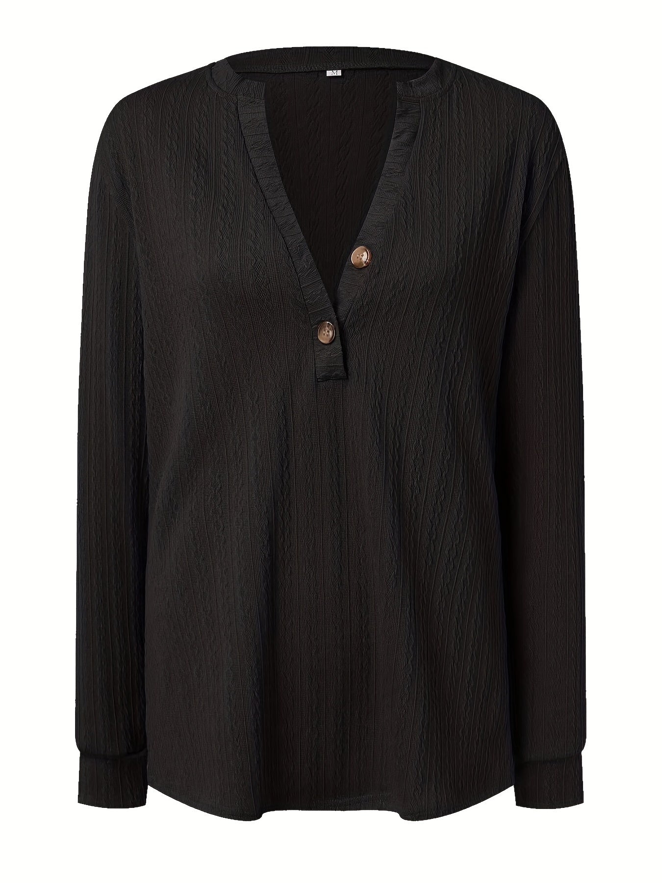 Plus Size Casual Top, Women's Plus Solid Cable Long Sleeve Button Decor V Neck Slight Stretch Top