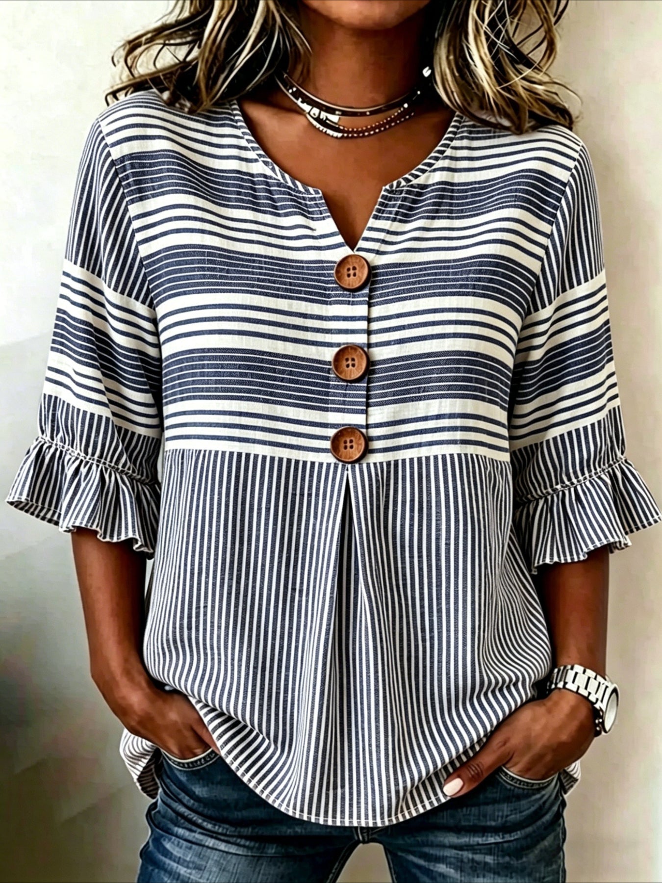 Striped Print V Neck Button Short Ruffle Sleeve Casual Top