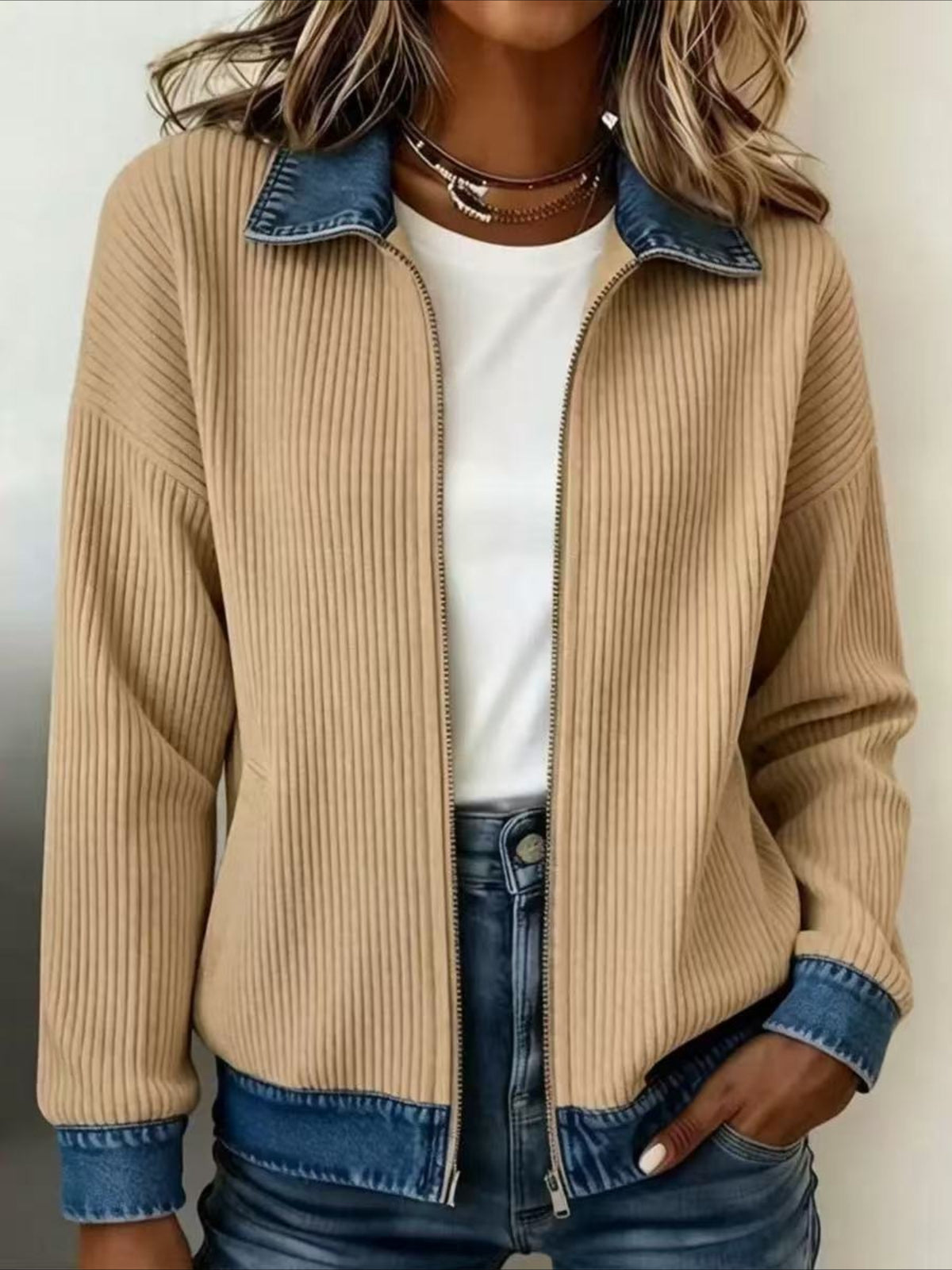 Zip-Up Corduroy Jacket with Denim-Look Trim