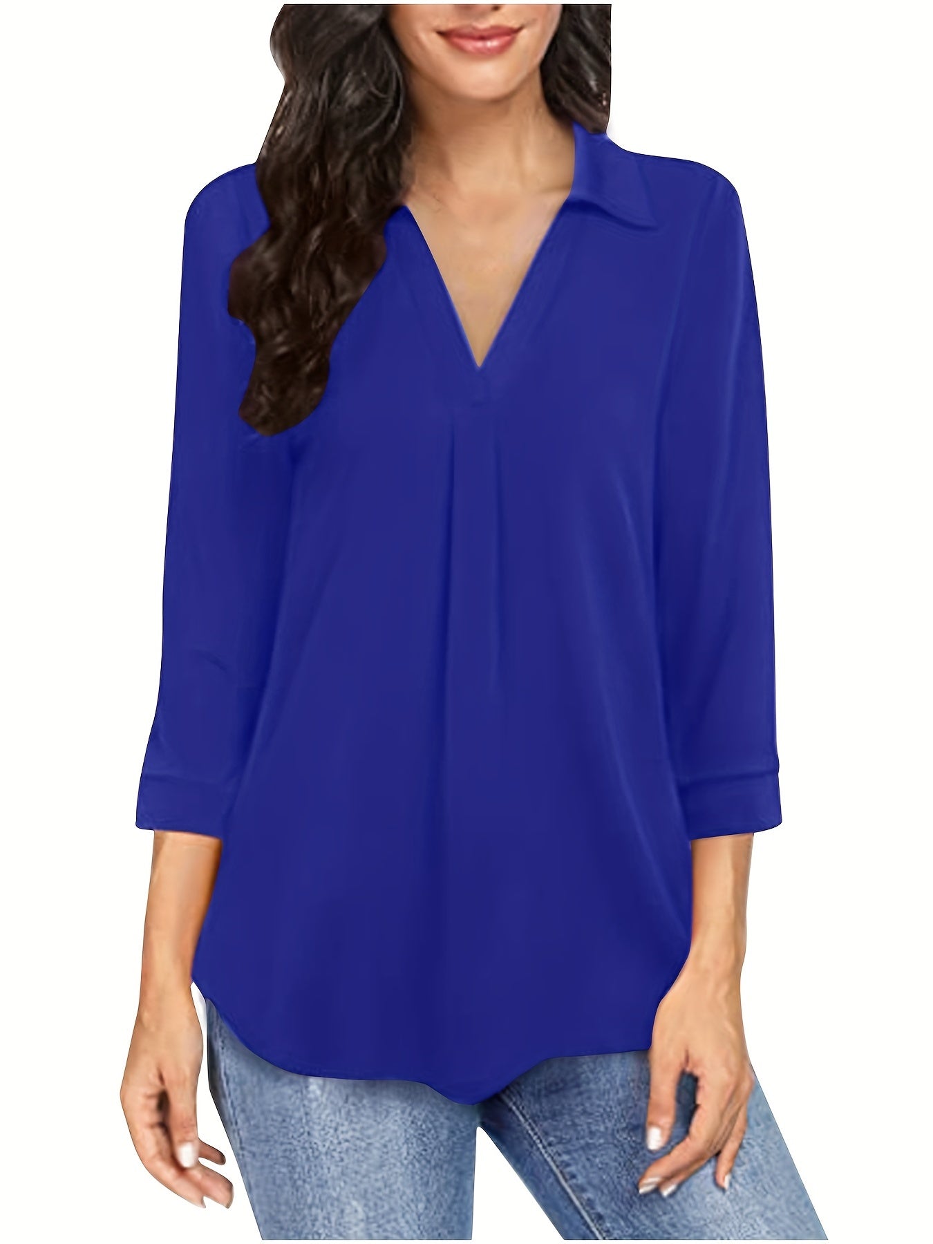 Solid V-neck Blouse, Casual 3/4 Sleeve Blouse