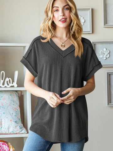 Striped jacquard knit loose-fitting V-neck short sleeve T-shirt