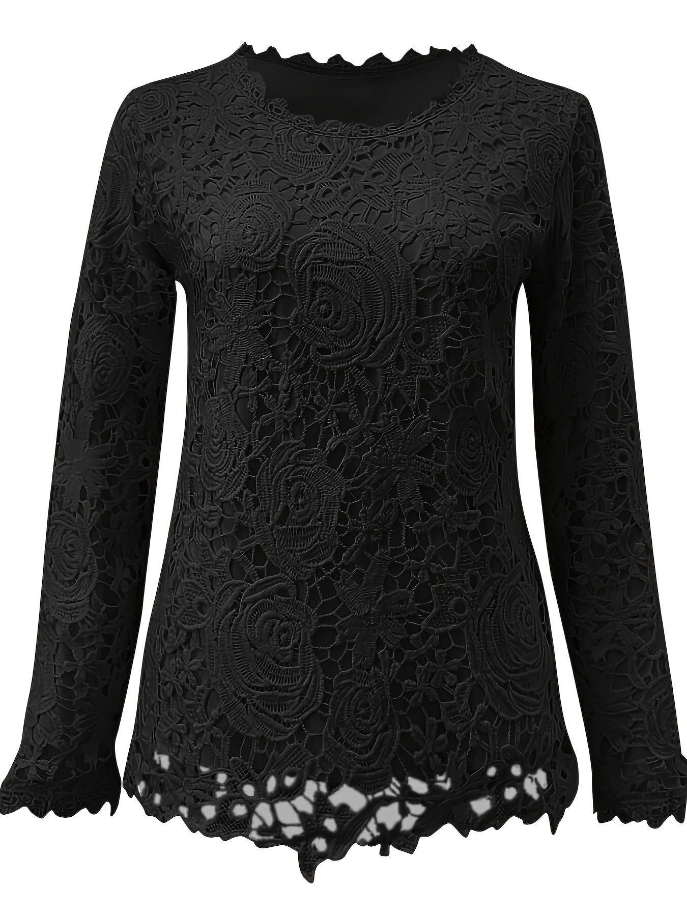 Floral Lace Stitching Crew Neck T-Shirt, Casual Long Sleeve