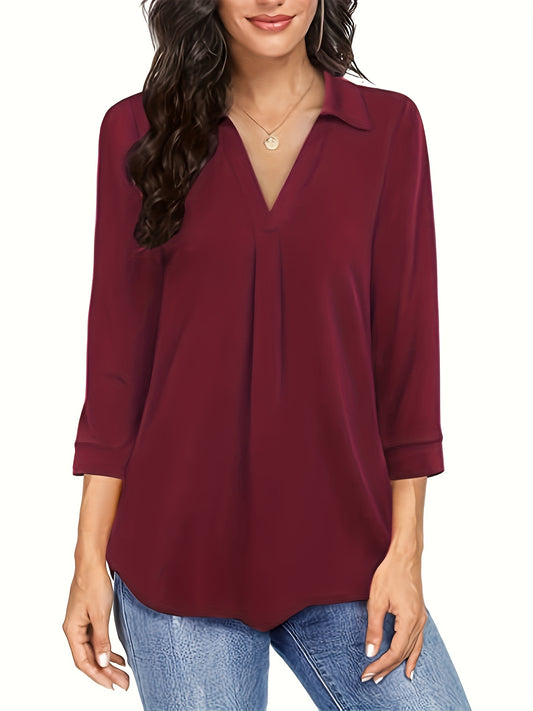 Solid V-neck Blouse, Casual 3/4 Sleeve Blouse