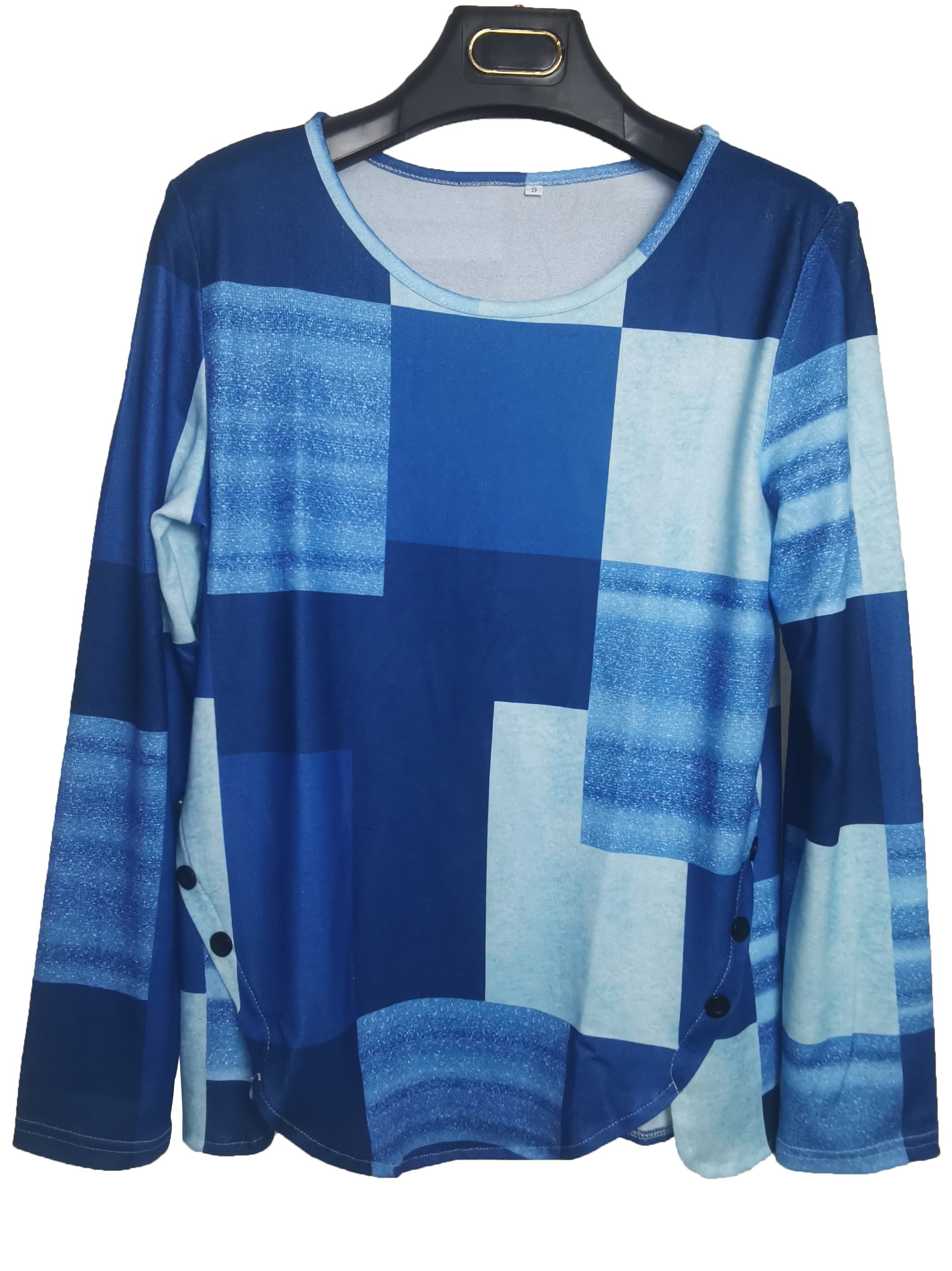 Colorblock Long Sleeve Round Neck Button Decor Asymmetrical Hem Slight Stretch T-shirt
