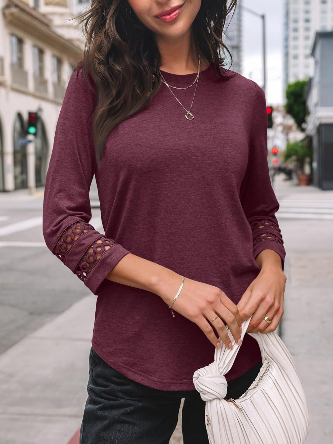 3/4 Length Sleeve Crewneck Lace Tunic Tops