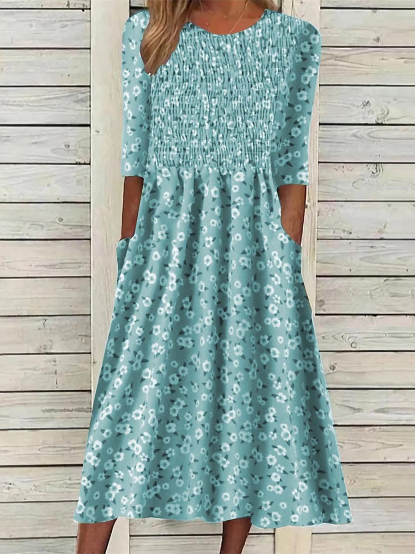 Floral Ditsy Ruched Pocket Crew Neck Daily Vacation Half Sleeve Midi Dress