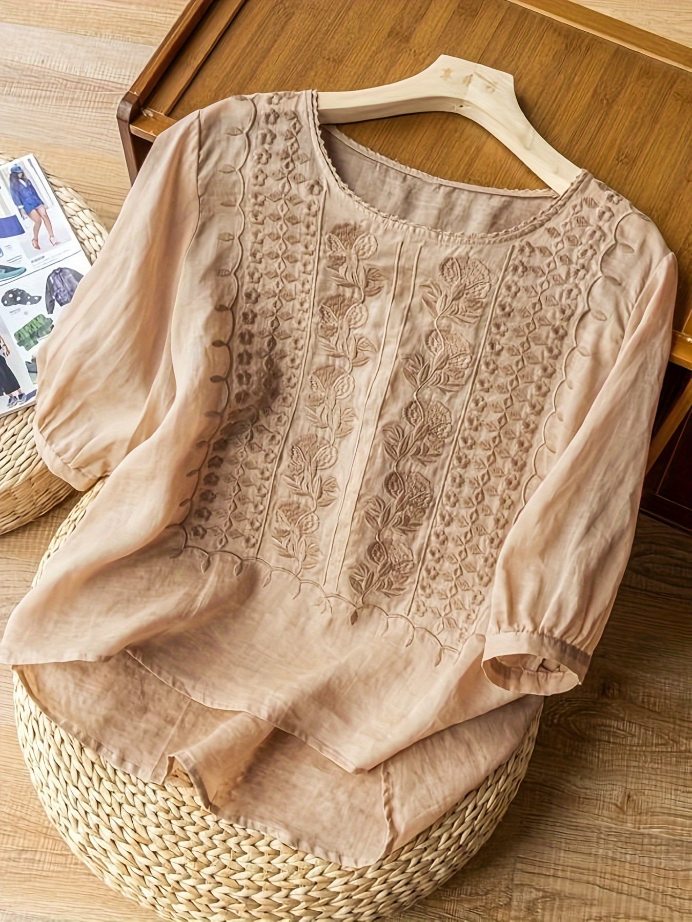 Cotton and Linen Embroidered T-Shirt in Various Colors And Sizes