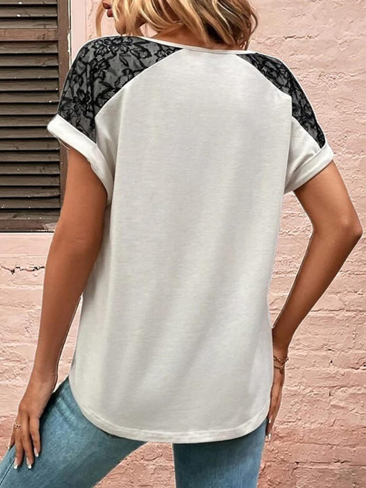 V Neck Lace Sleeve Button Design Loose Fit Soft Simple T-Shirt