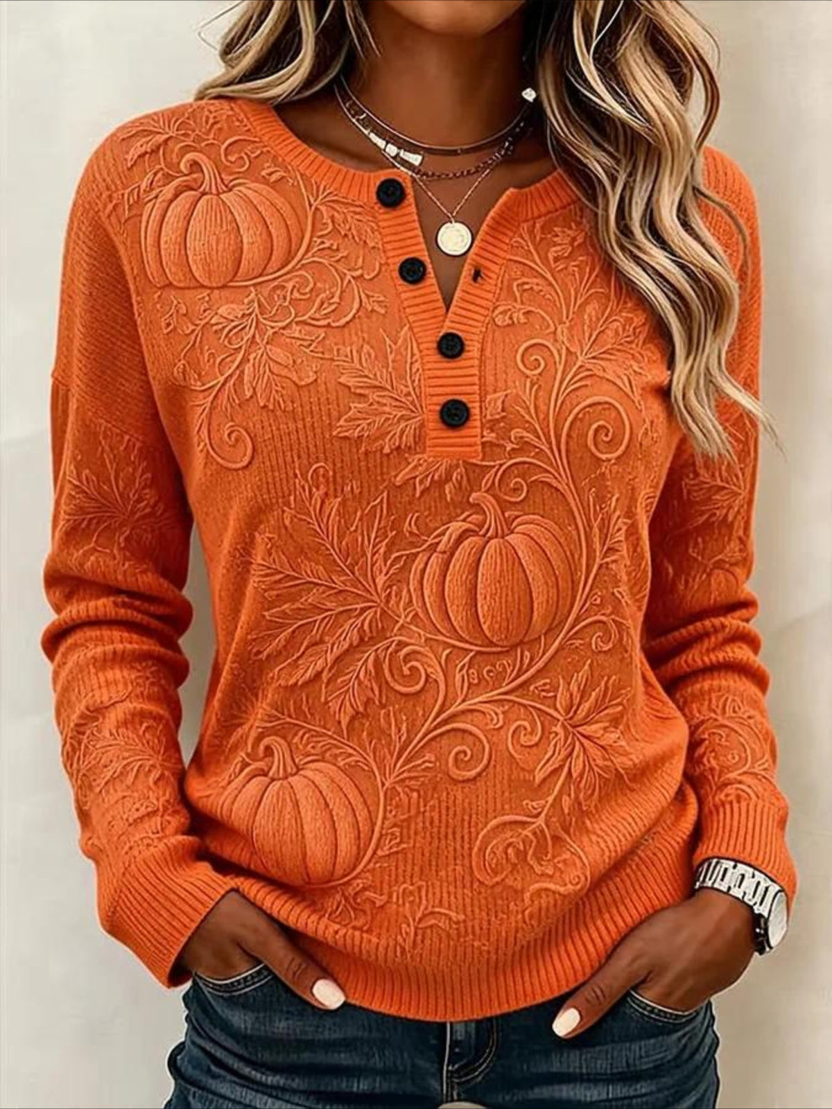 Maple Leaf V Neck Button Long Sleeve T-Shirt