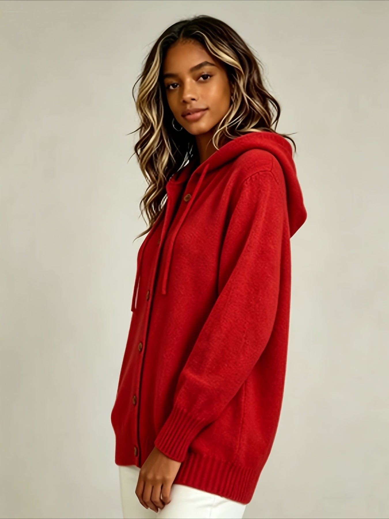 Solid Color Casual Hooded Cardigan Coat with Buttons