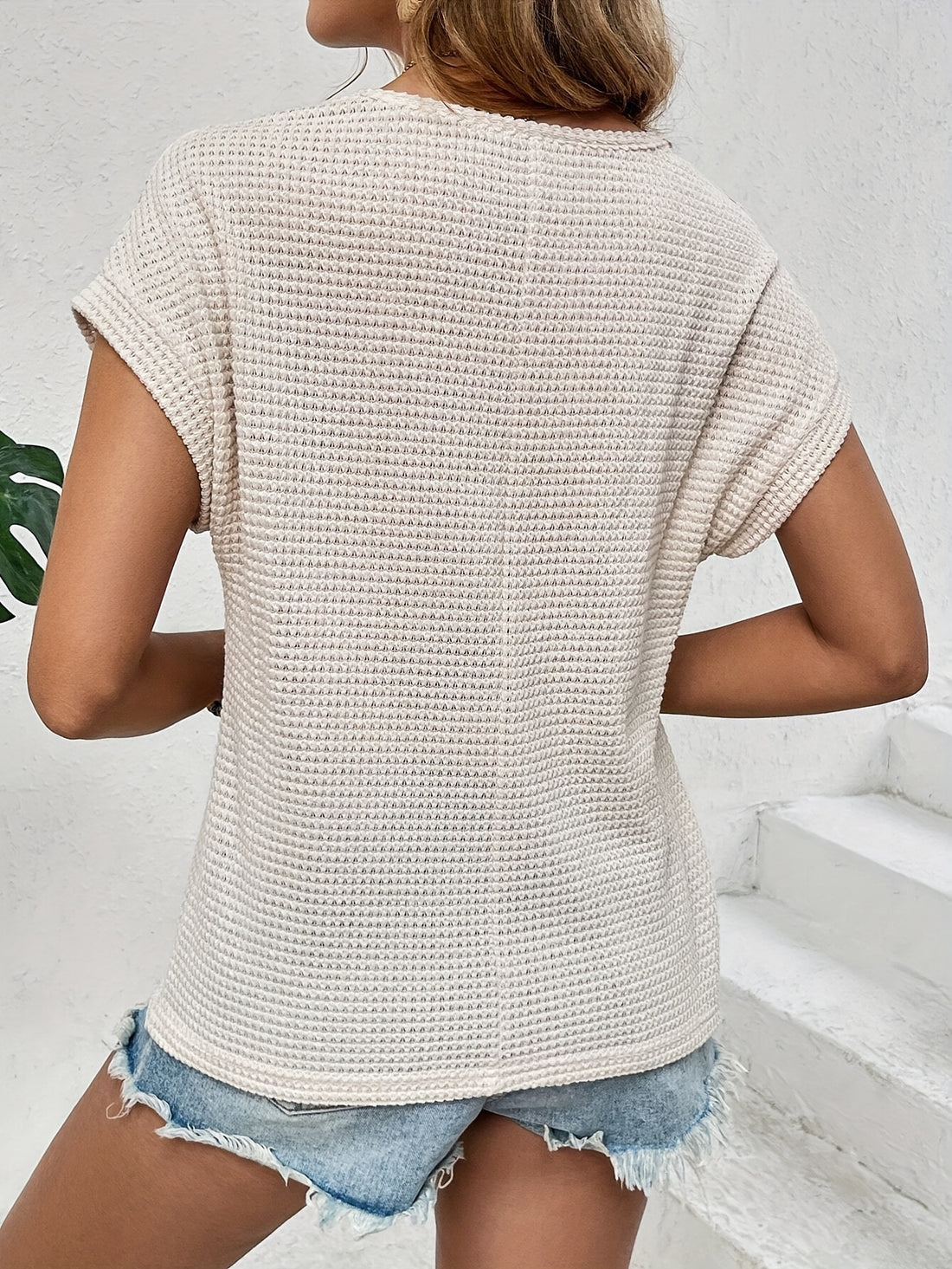 Casual Crew Neck Waffle Loose Solid Color Tops
