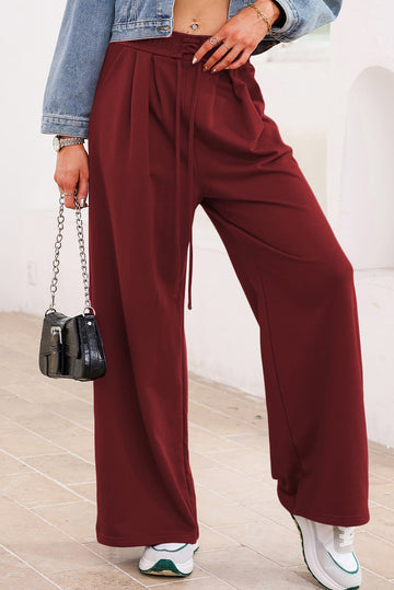 Burgundy Tied Elastic High Waist Pleated Detail Solid Sweatpants