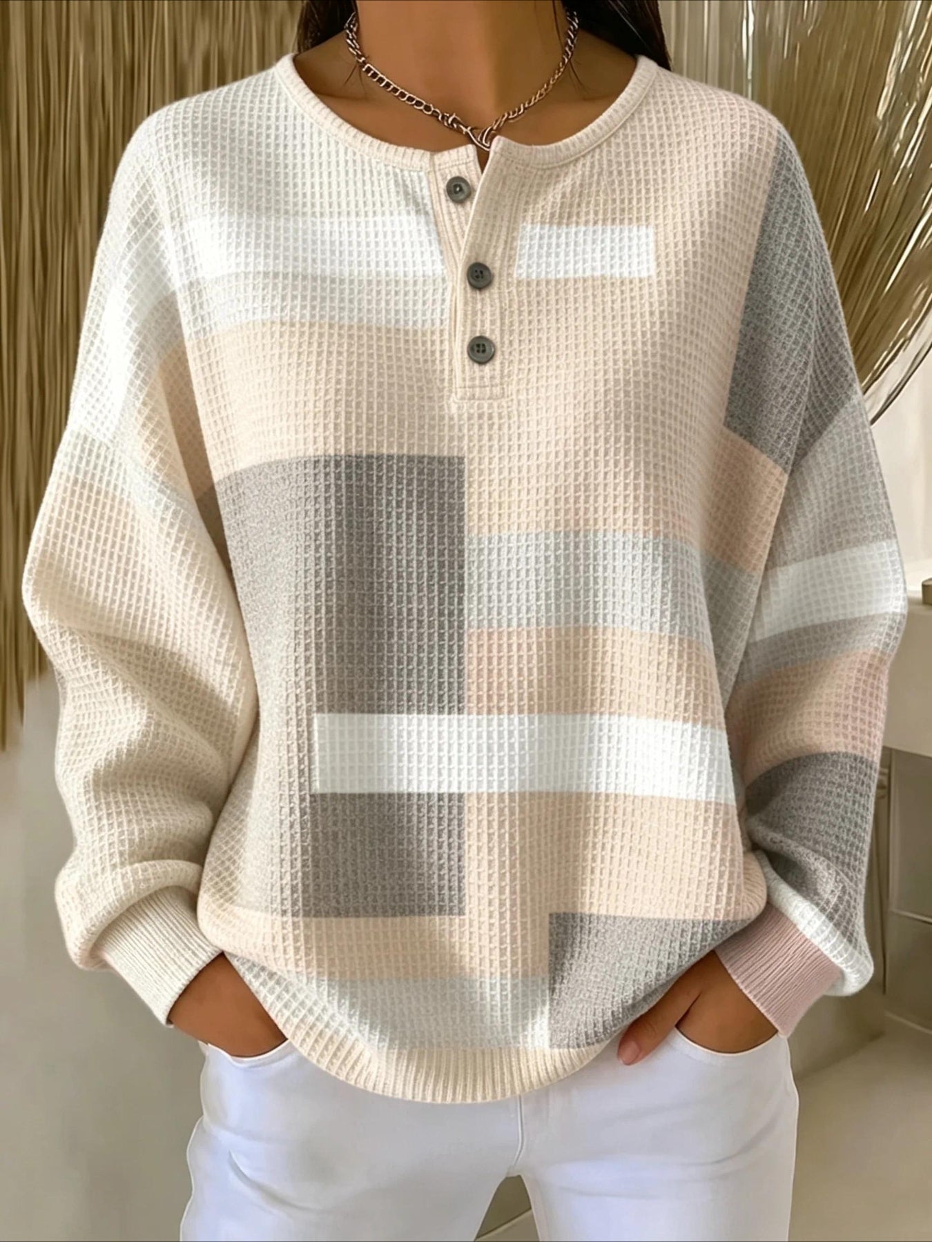 Abstract Graphic V Neck Long Sleeve Regular Tops