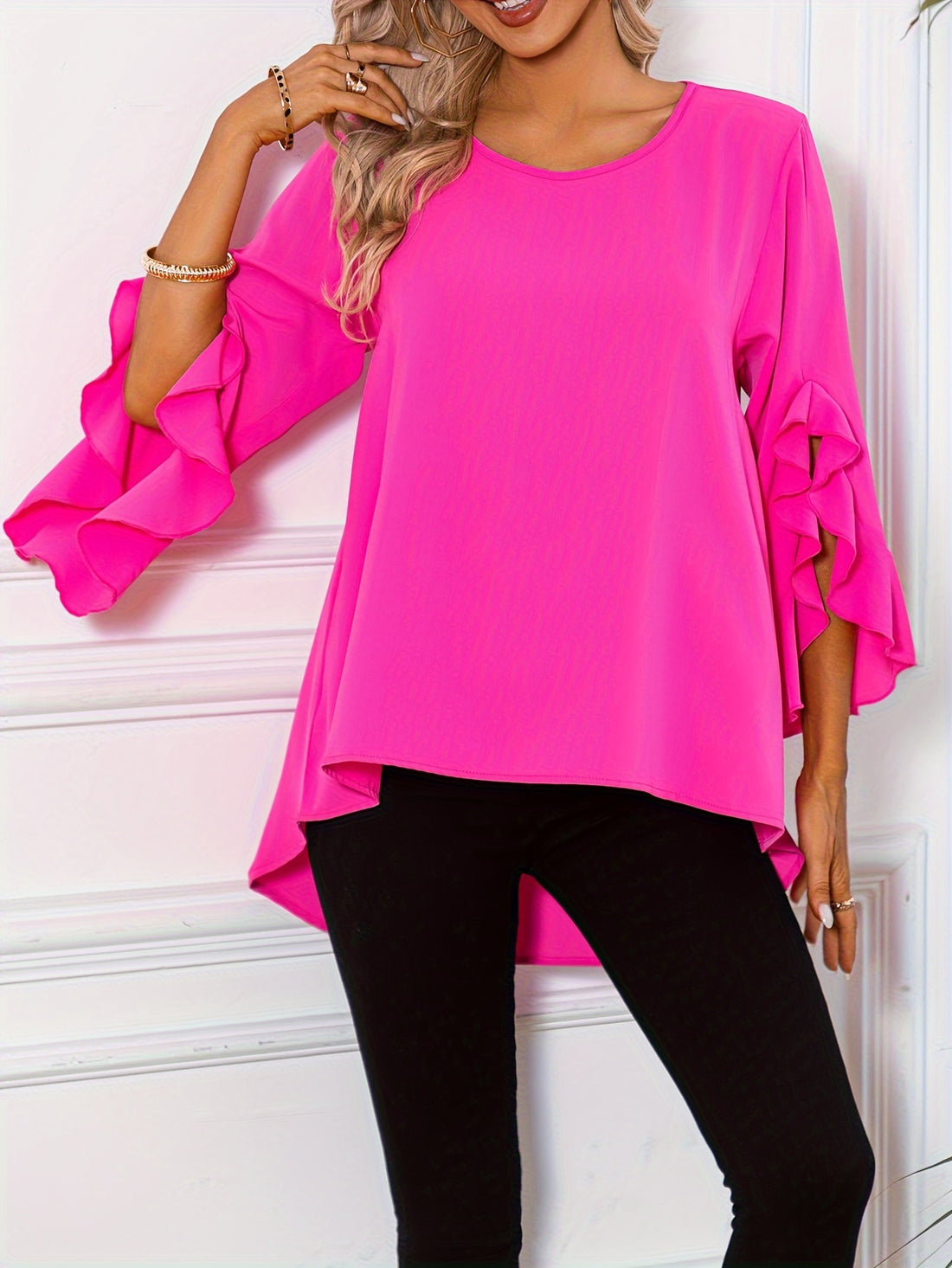 Women's Solid Crew Neck Blouse with Ruffle Sleeves for Stylish