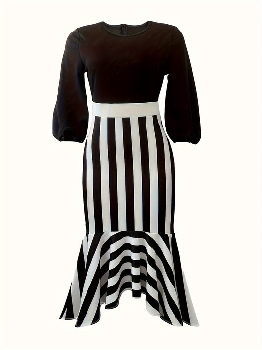 Striped Print Splicing Dress, Elegant Ruffle Hem Crew Neck Dress
