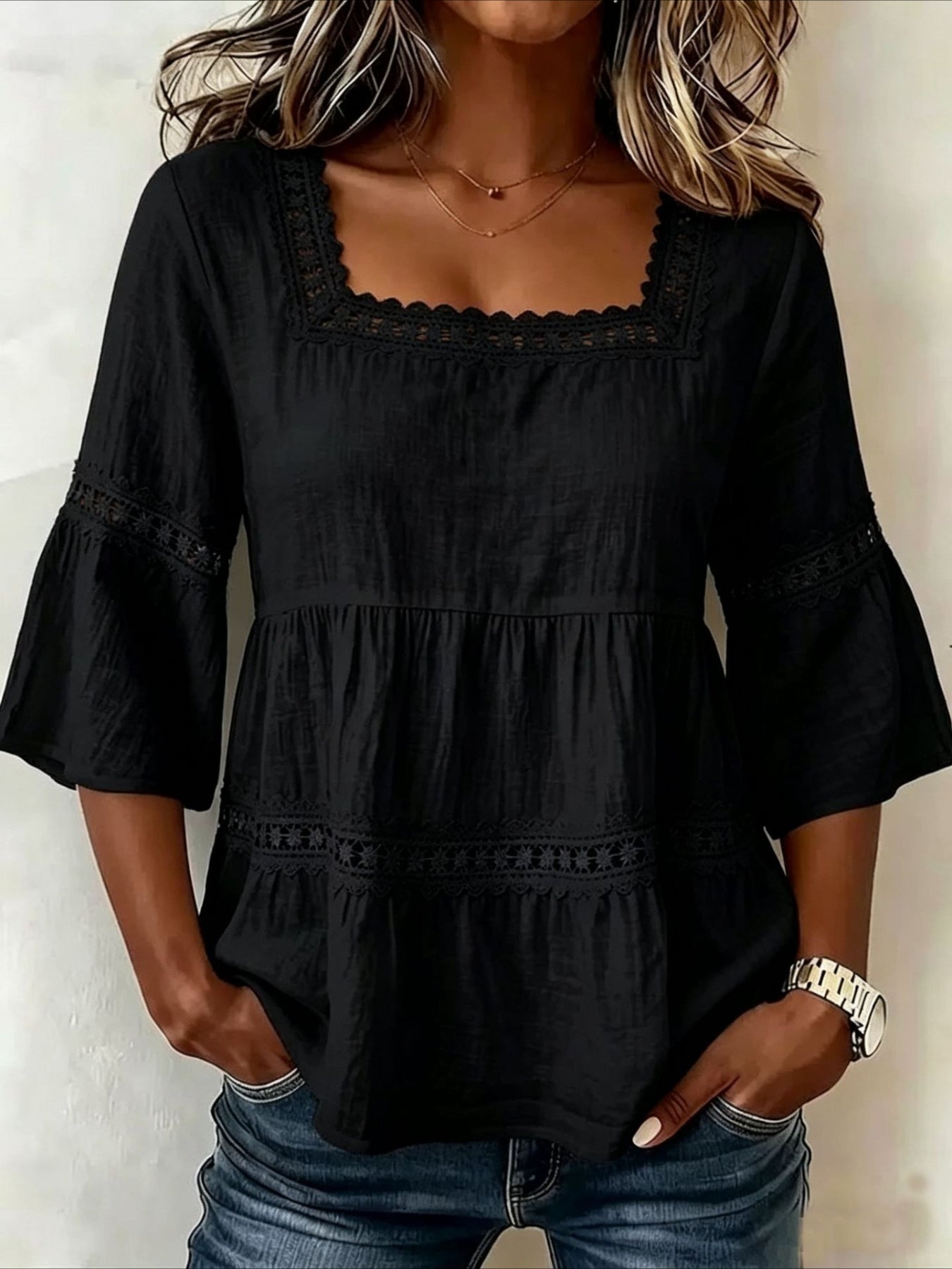 3/4-Length Bell Sleeves Square-Neck Lace-Panel Blouse