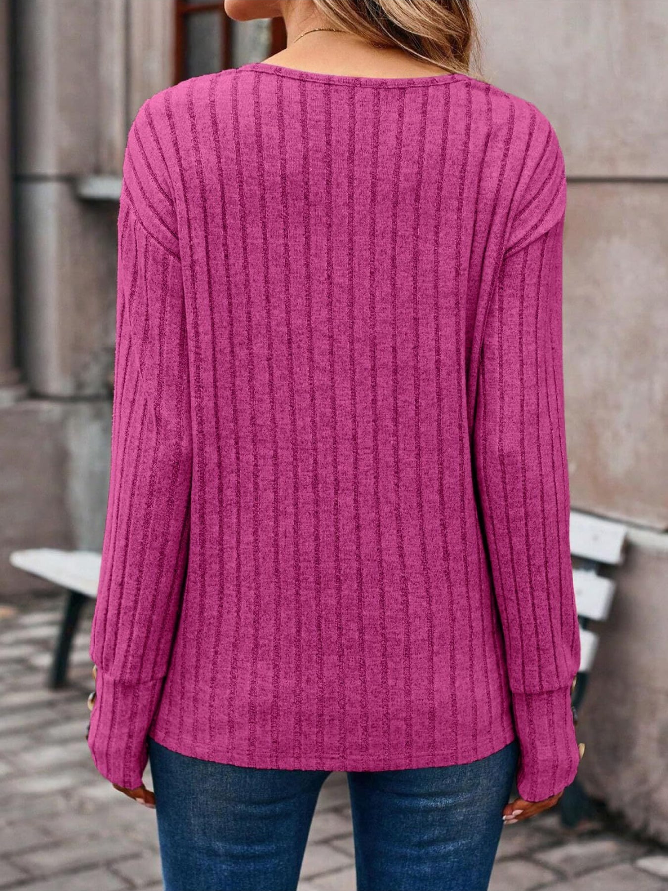 Womens Ribbed Button Detail T-Shirt - Fashionable V-Neck Long Sleeve Top