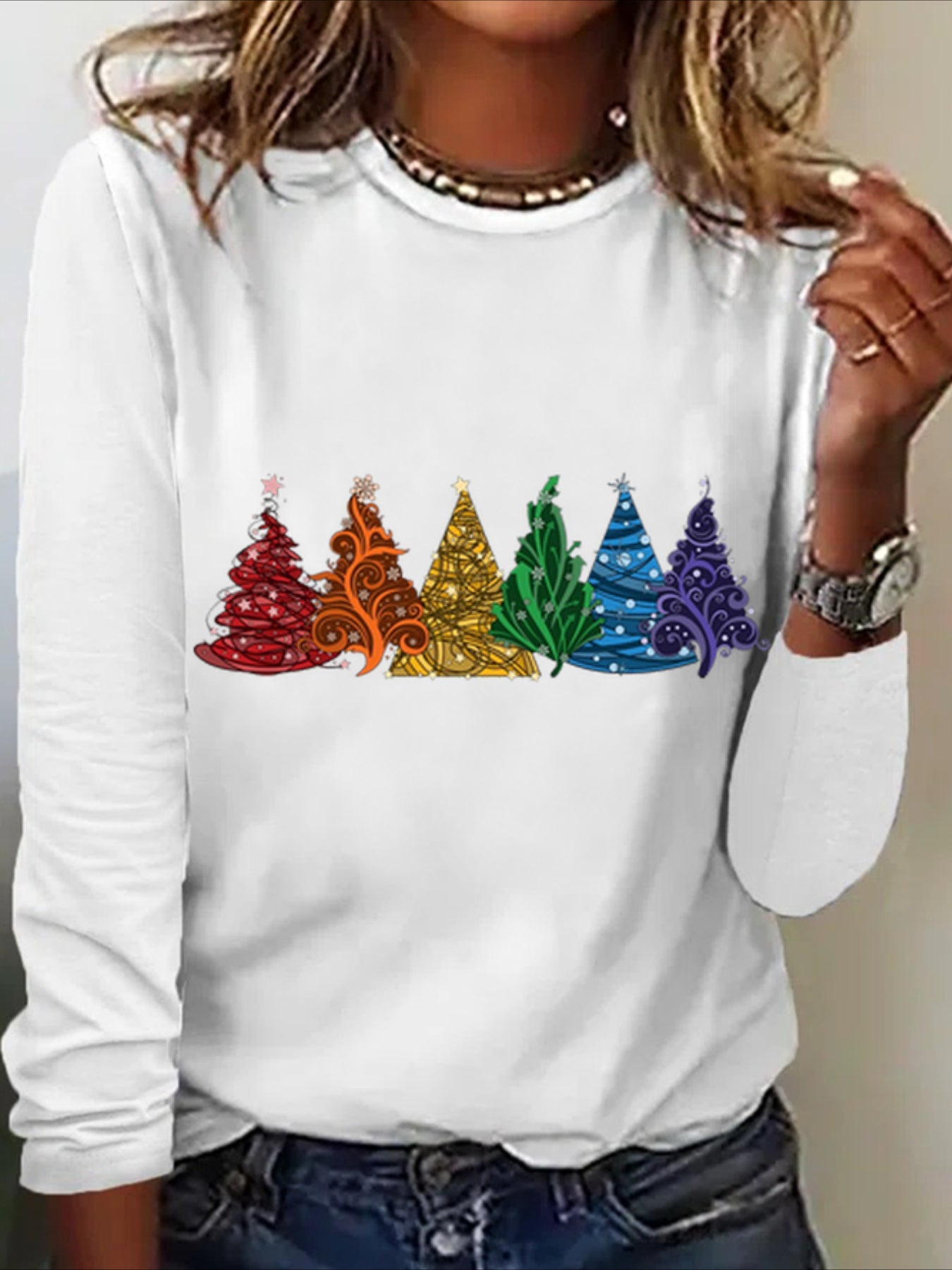 Christmas Tree Cotton-Blend Crew Neck Casual Long Sleeve Shirt