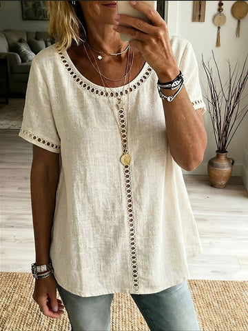 Solid Color Hollow Out Lace Fashion Short-Sleeve Top