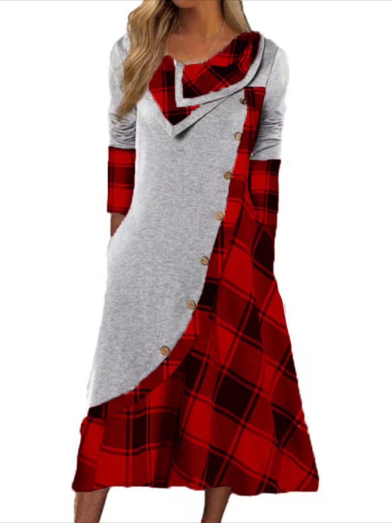 Plaid Print Splicing Dress, Casual Pile Collar Long Sleeve Dress