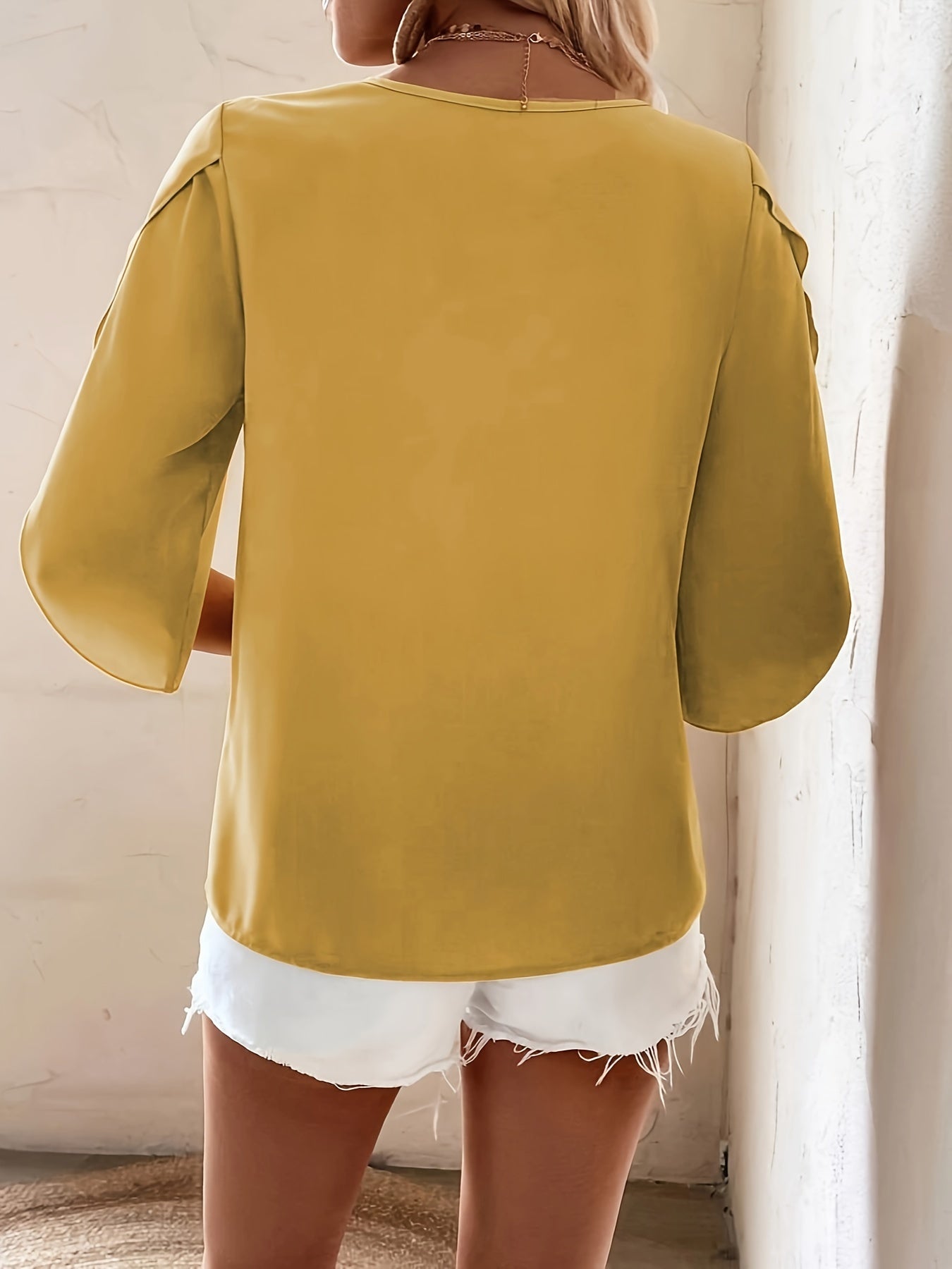 Solid Asymmetrical Neck Simple Blouse, Vintage Petal Sleeve Blouse