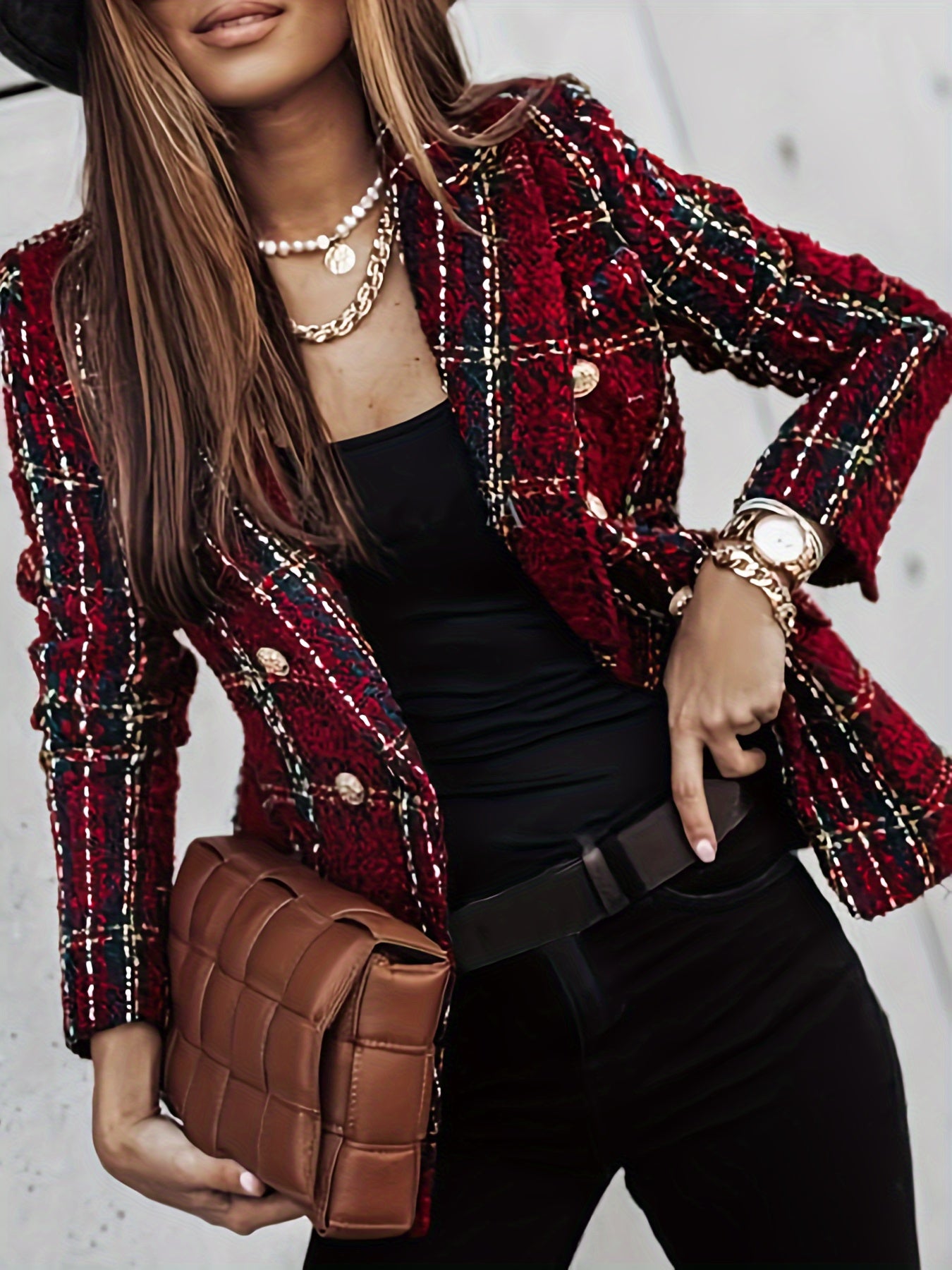 Double-breasted Notched Lapel Blazer, Elegant Plaid Tweed Long Sleeve Blazer For Office & Work