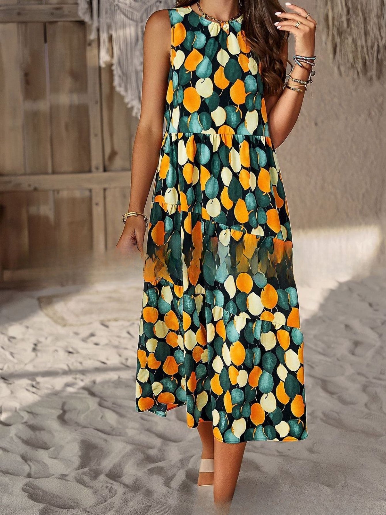 Allover Print Crew Neck Tank Dress, Casual Sleeveless Flowy Dress