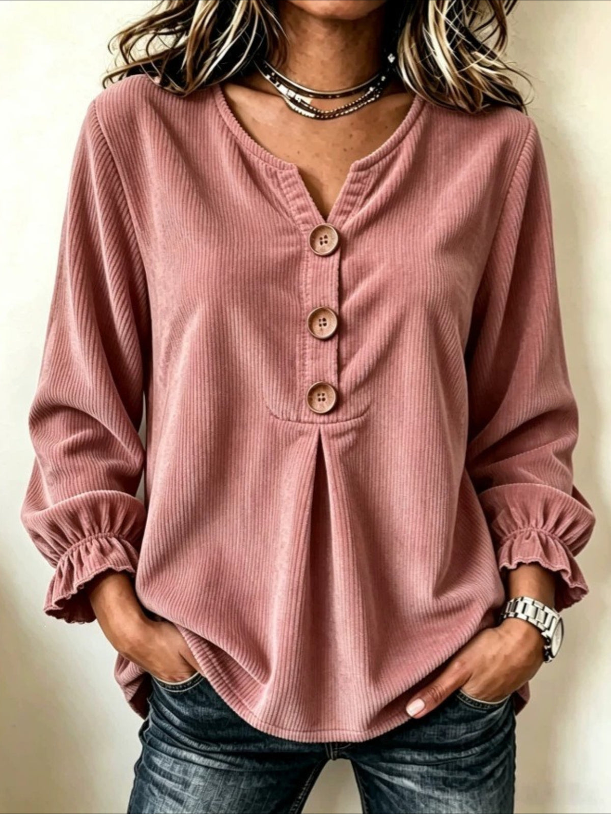 V Neck Corduroy Button-up Ruffle Long Sleeve Shirt