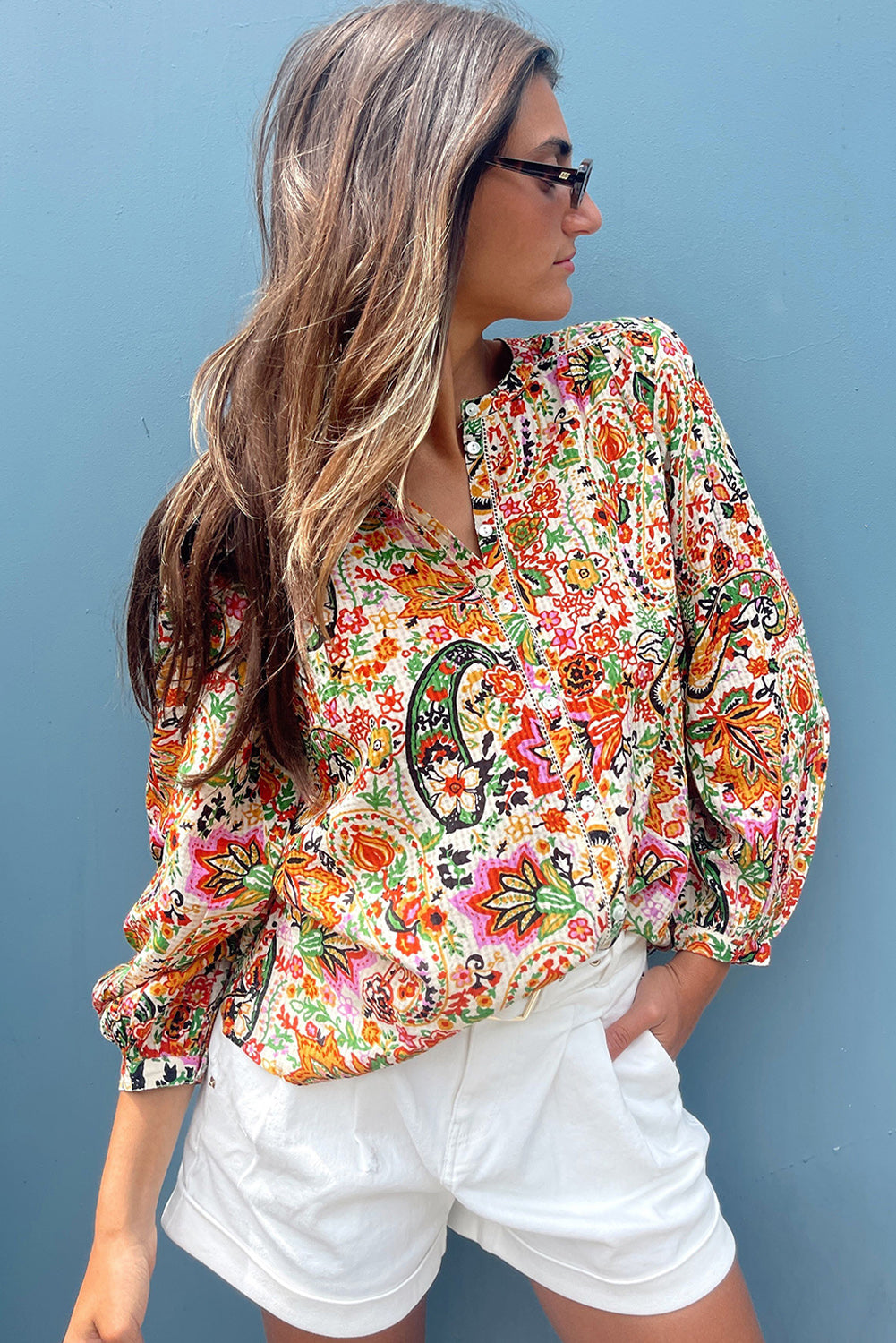 Multicolour Floral Print Lace Splicing Button up Puff Sleeve Shirt