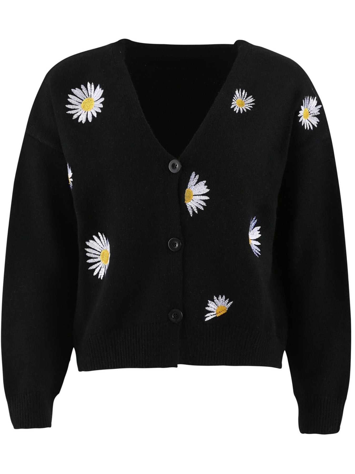 Daisy Pattern Embroidered Knitted Cardigan, Button Front Elegant Long Sleeve Sweater