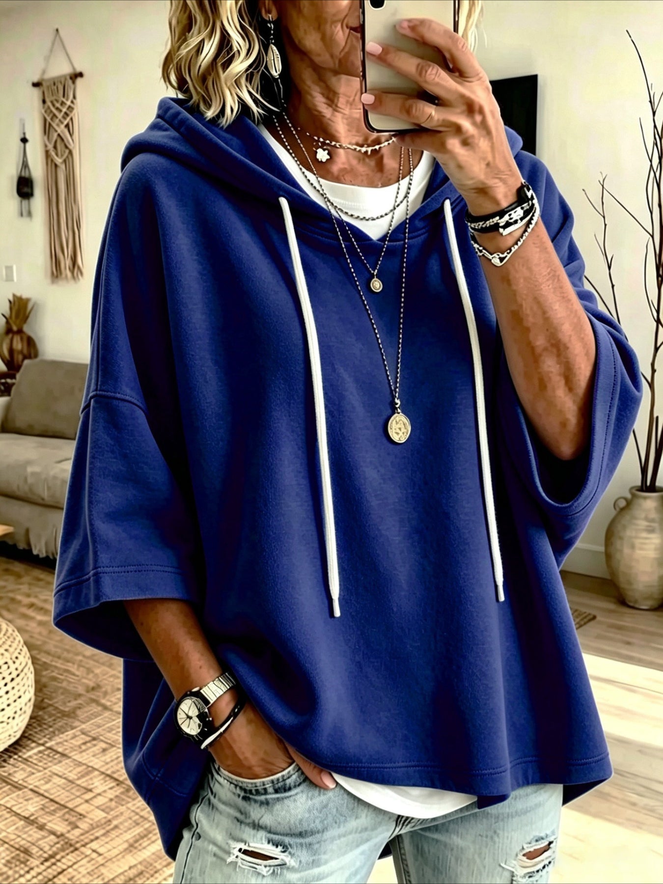 Seven-quarter Sleeves Solid Color Casual Hooded Sweatshirt