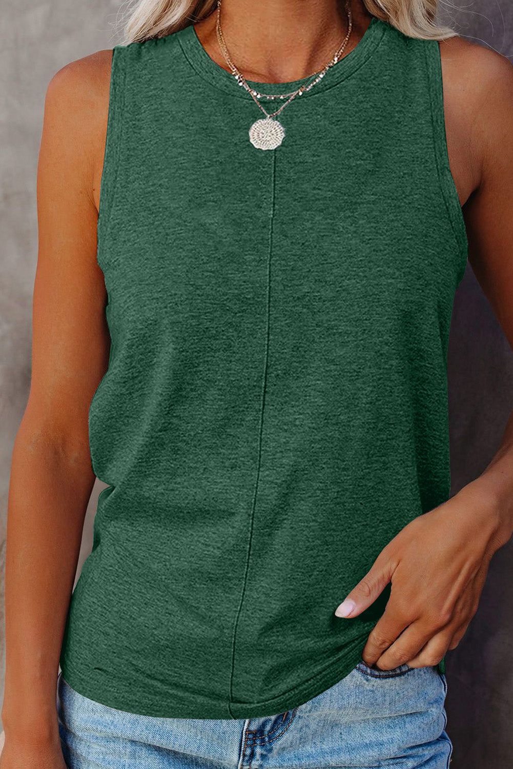 Green Solid Color Crewneck Sleeveless Top