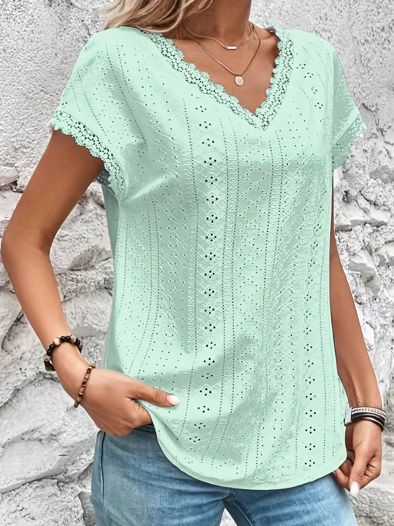 Elegant T-shirt, Women's Eyelet Embroidery Contrast Lace Trim V Neck Short Sleeve Slight Stretch T-shirt