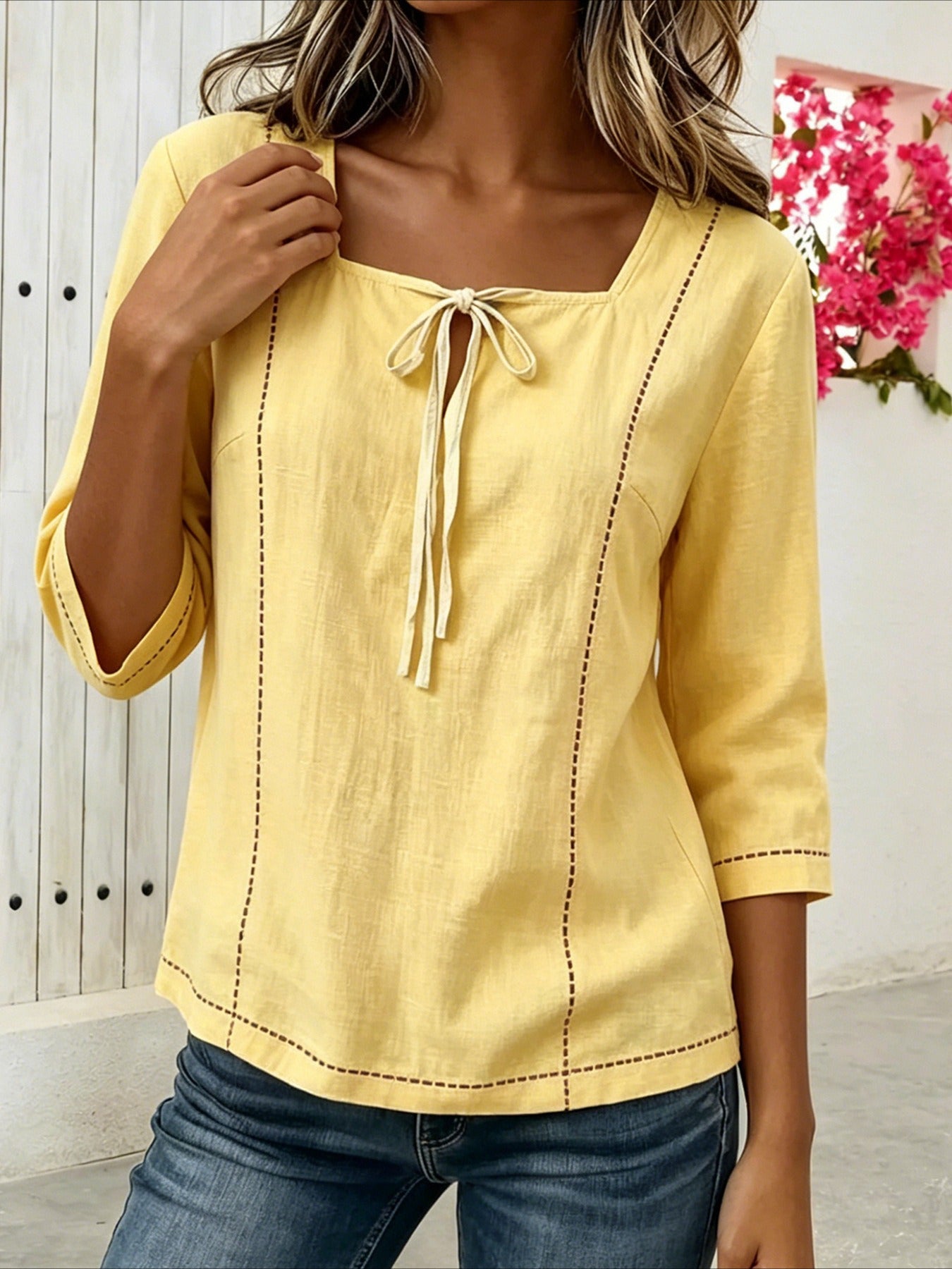 Loose Casual Popular Printed Lace-up Square Neck Mid-Sleeve Shirt